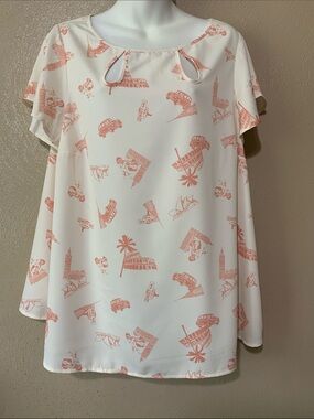 ModCloth 1X Cream Blouse with Orange Peach Graphic Prints